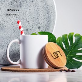 Tazza in ceramica con coperchio in bambù lucidato